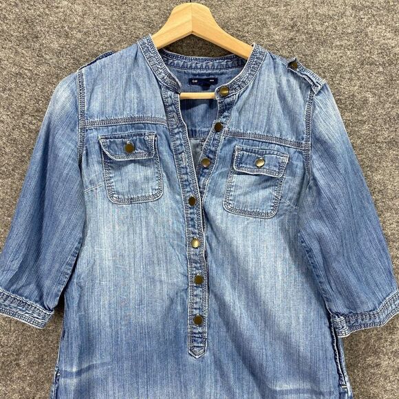 Gap Top Women S Small Blue Denim Short Sleeve Tunic 1/4 Button Up Cotton - Picture 3 of 13